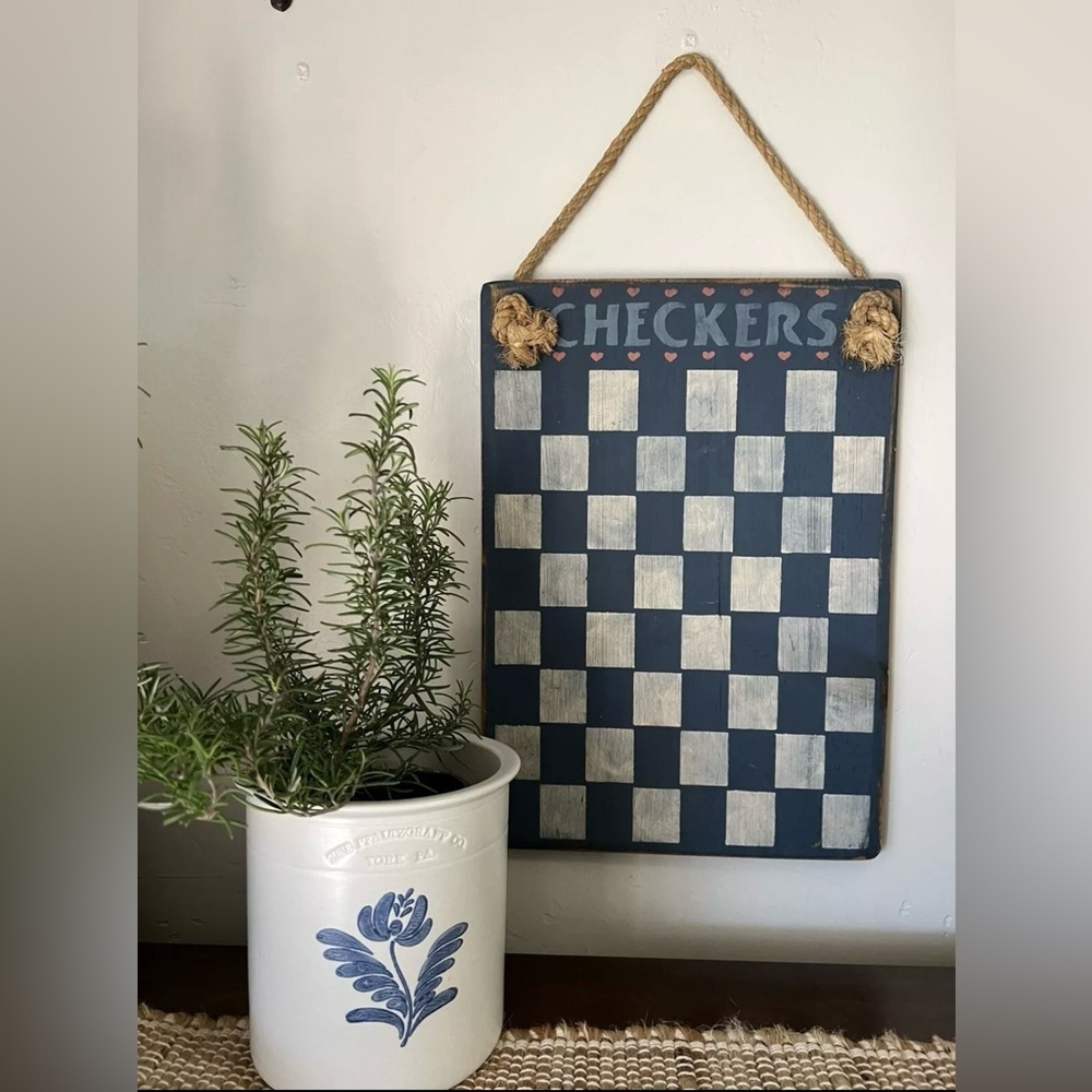 Handmade blue and white checkered painted wood wall decor primitive cottage core